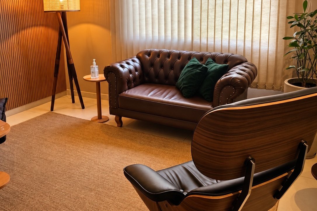 Sala de atendimento da RM Psicologia com sofá e poltrona